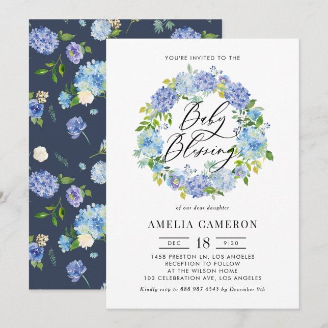 Invitation Aquarelle Bleu Hydrangée Wreath Blessure bébé (Devant / Derrière)