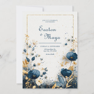Invitation Aquarelle Bleu Indigo Fleurs Dorées Élégant Mariag