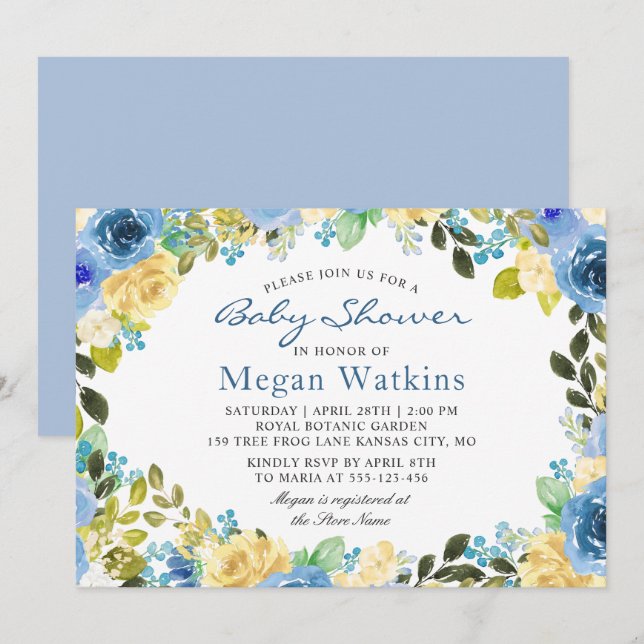 Invitation Aquarelle bleu Jaune Baby shower Fleurs (Devant / Derrière)