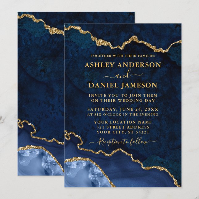 Invitation Aquarelle Bleu Marbre Agate Géode Mariage Or (Devant / Derrière)