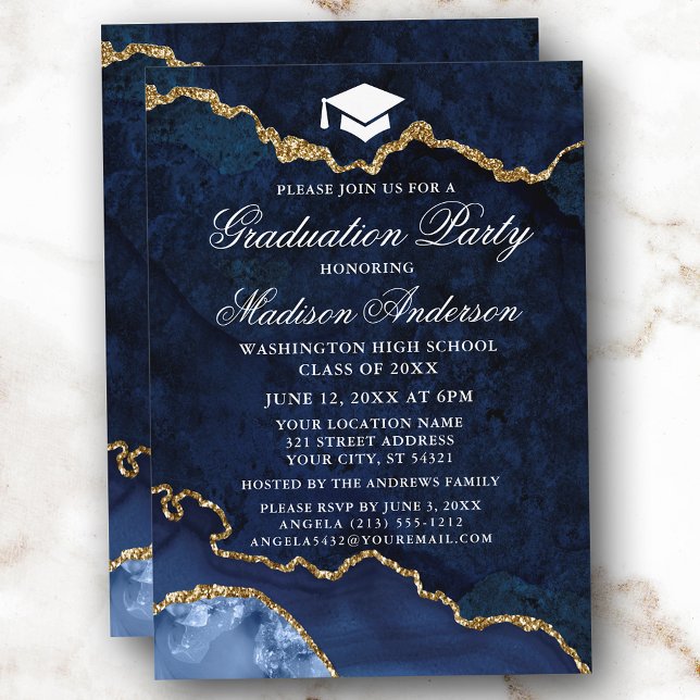 Invitation Aquarelle Bleu Marbre Or Agate Partie de graduatio (Customize to change text size, style or to add more text or photos to back of card.)