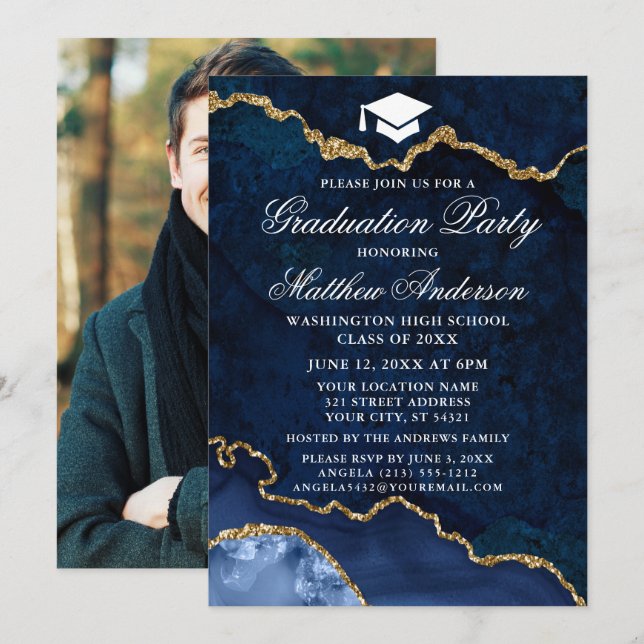 Invitation Aquarelle Bleu Marbre Or Partie de graduation de l (Devant / Derrière)