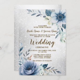Invitation Aquarelle bleu mariage Fleurs d'Aquarelle argent