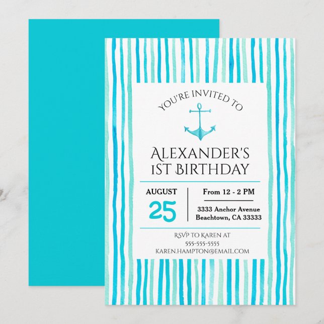 Invitation Aquarelle bleu marine 1er anniversaire (Devant / Derrière)