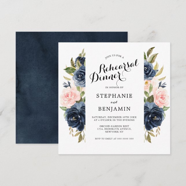 Invitation Aquarelle bleu marine Blush Dîner de répétition fl (Devant / Derrière)
