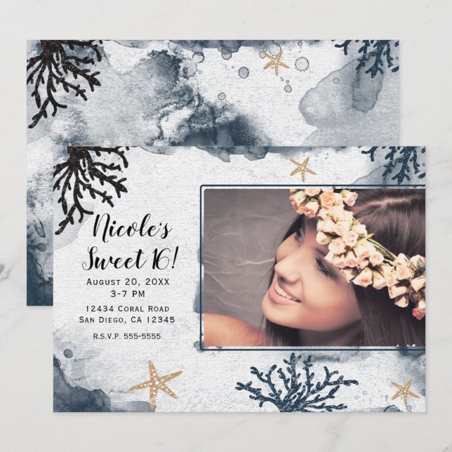 Invitation Aquarelle bleu marine corail doux 16 Photo (Devant / Derrière)