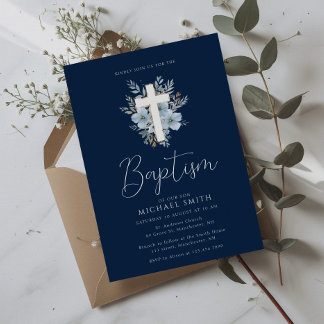 Invitation aquarelle bleu marine croix florale bleu baptême