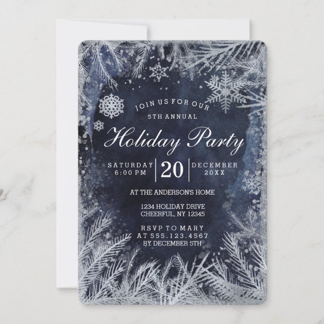 Invitation Aquarelle bleu marine et fête de Noël en argent (Devant)