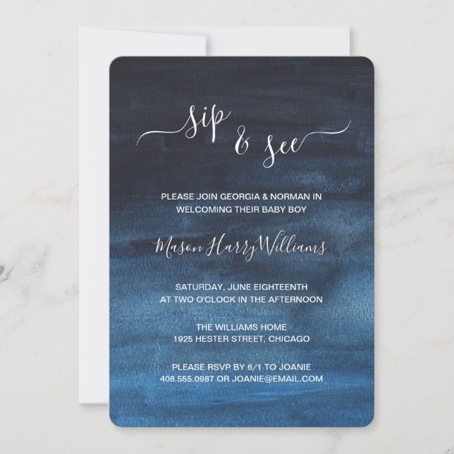 Invitation Aquarelle bleu marine foncé Laver le garçon Sip et (Devant)