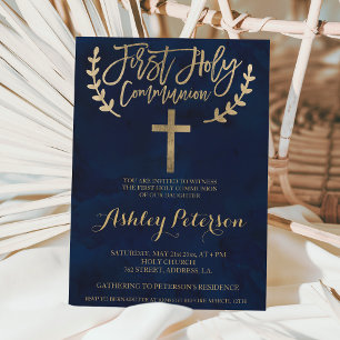 Invitation Aquarelle bleu marine or Première communion sainte