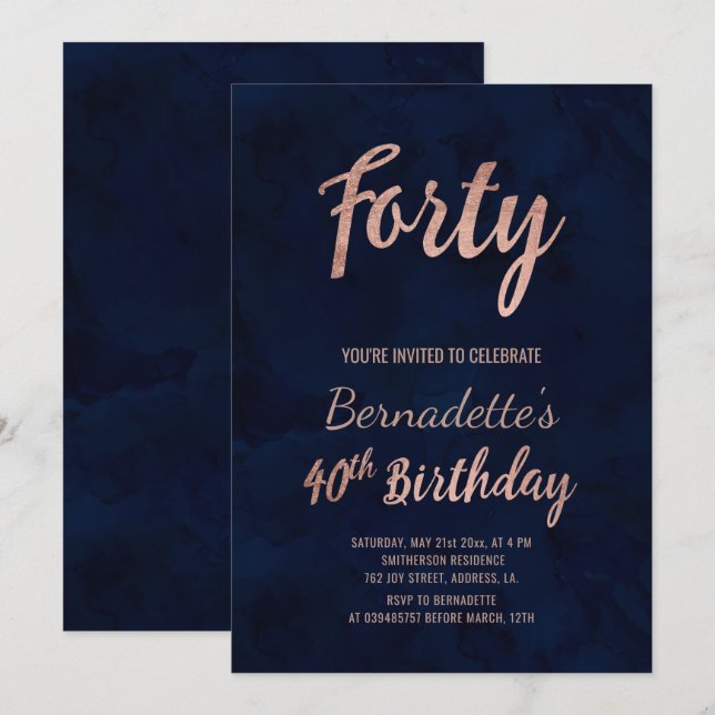 Invitation Aquarelle bleu marine or rose 40e anniversaire (Devant / Derrière)