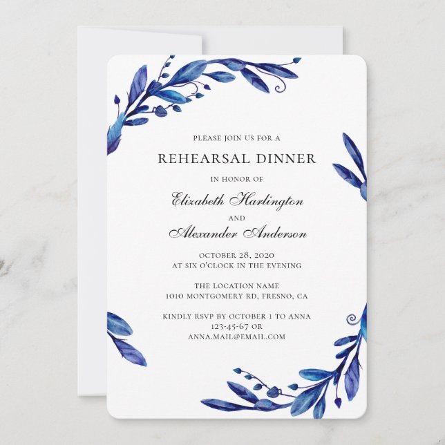 Invitation Aquarelle bleu marine repas de répétition botaniqu (Devant)