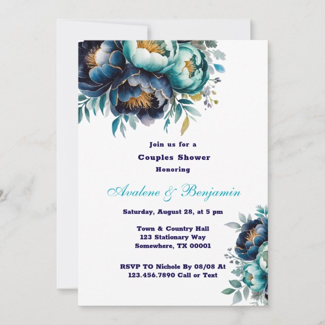 Invitation Aquarelle bleu marine turquoise Peony Couples Douc (Devant)