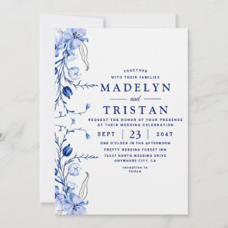 Invitation Aquarelle Bleu Minimaliste Rustique Floral Mariage