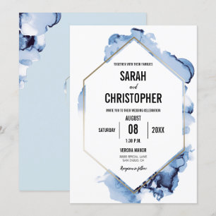 Invitation Aquarelle bleu moderne avec cadre or