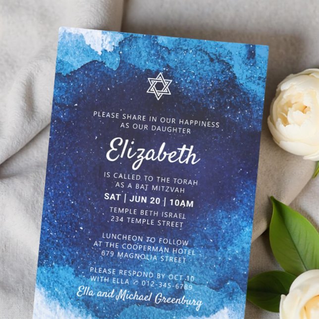 Invitation Aquarelle bleu moderne bat mitzvah (Créateur téléchargé)