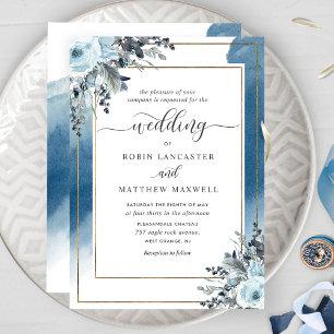 Invitation Aquarelle bleu moderne et Mariage bleu