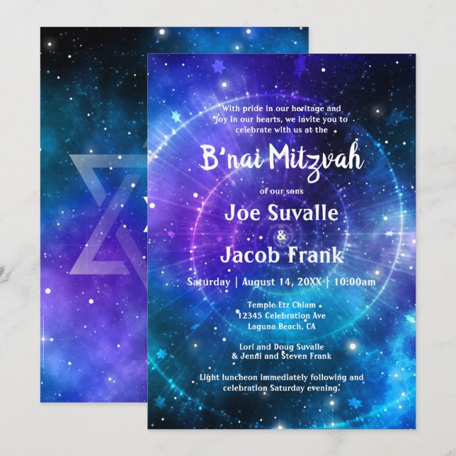 Invitation Aquarelle bleu moderne violet Galaxy B'nai Mitzvah (Devant / Derrière)