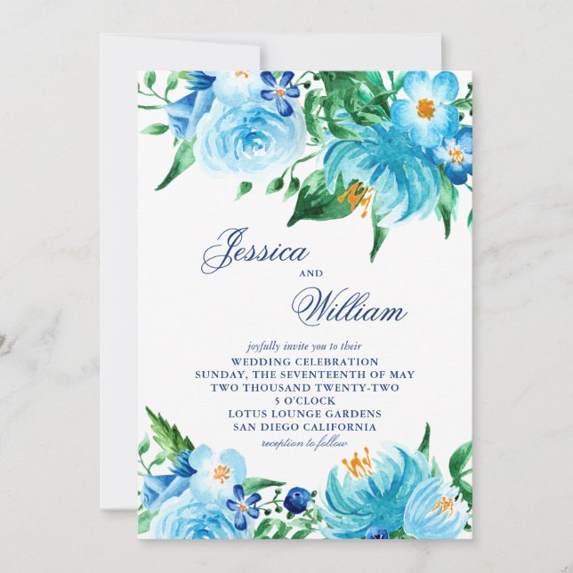 Invitation Aquarelle bleu nuances Mariage (Devant)