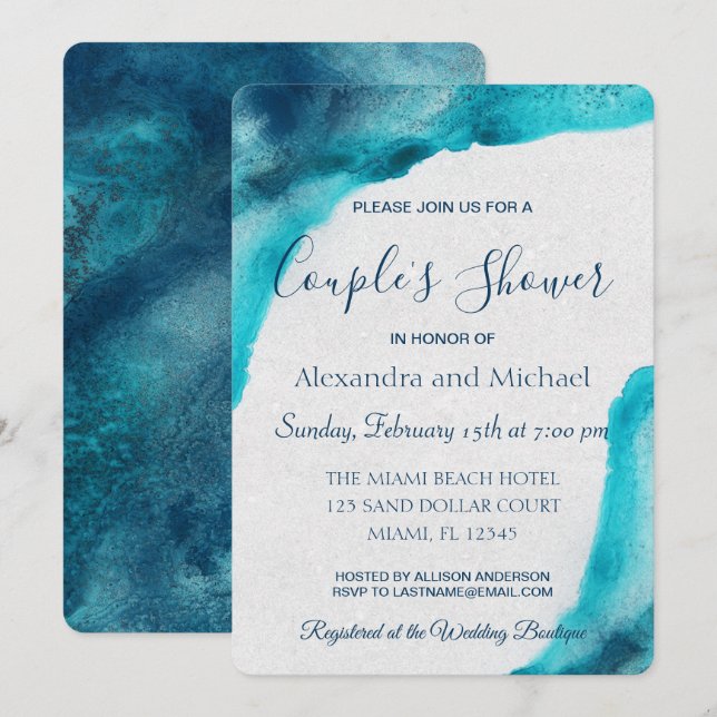 Invitation Aquarelle bleu Océan biologique Douche Couple (Devant / Derrière)