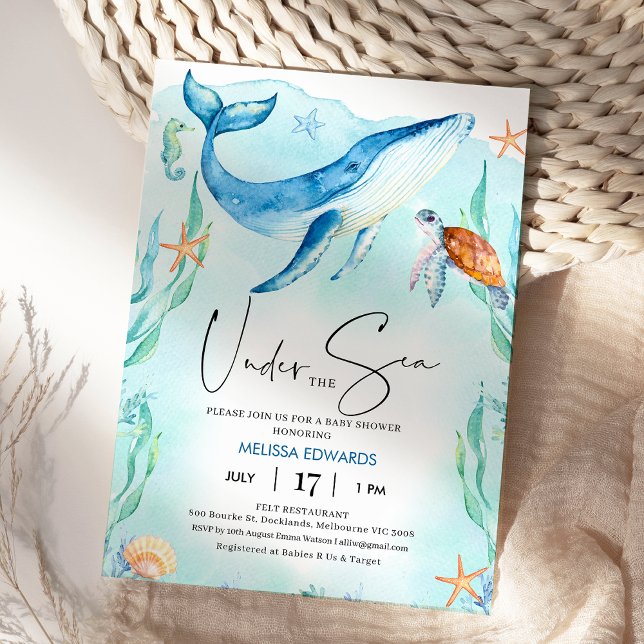 Invitation Aquarelle Bleu Océan Sous Le Baby shower De Mer (Under the Sea Baby Shower Invitation Template Boy, Editable Ocean Themed Baby Shower Invite Whale)