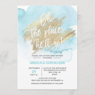 Invitation Aquarelle bleu Oh les endroits où il va aller Baby