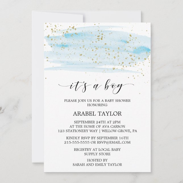 Invitation Aquarelle Bleu & Or C'est un garçon Baby shower hô (Devant)