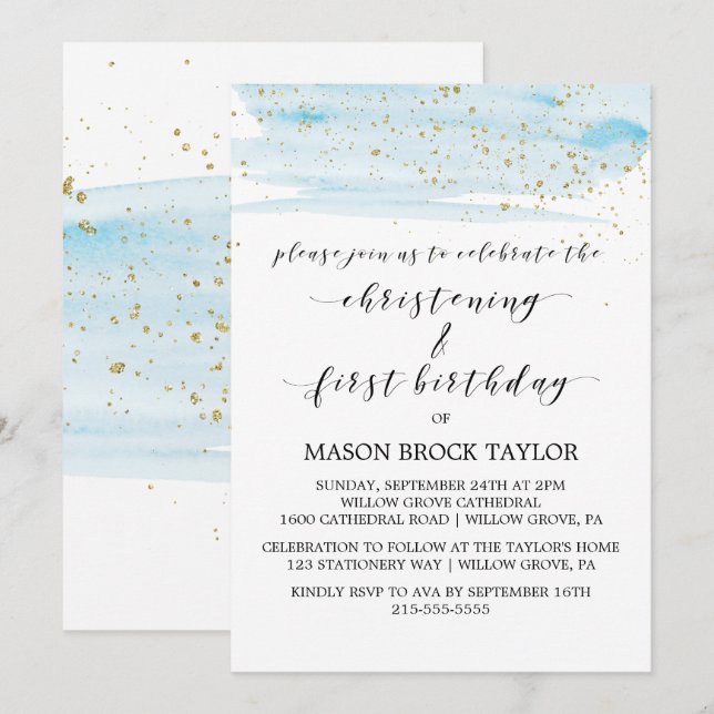 Invitation Aquarelle Bleu & Or Christening & 1er Anniversaire (Devant / Derrière)