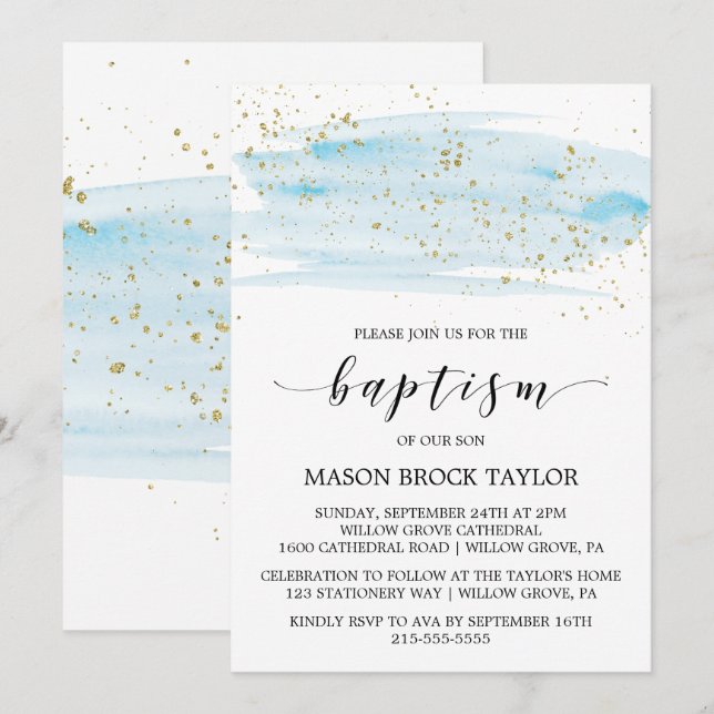 Invitation Aquarelle Bleu & Or Étincelle Baptême (Devant / Derrière)