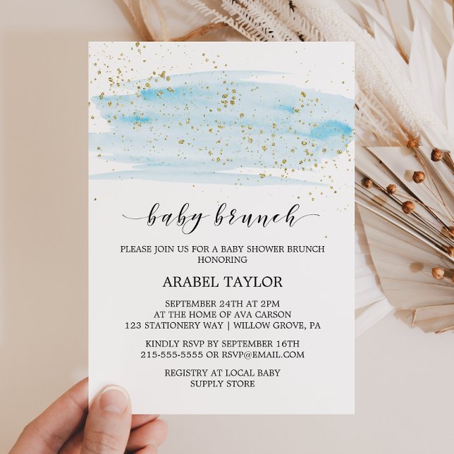 Invitation Aquarelle Bleu & Or Étincelle Bébé Brunch (Créateur téléchargé)