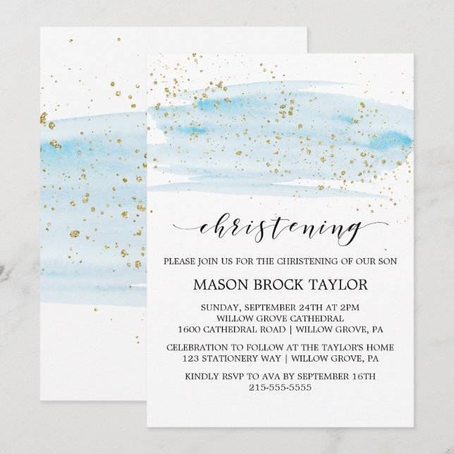 Invitation Aquarelle Bleu & Or Étincelle Christening (Devant / Derrière)