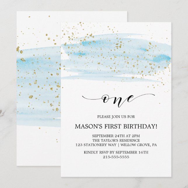 Invitation Aquarelle Bleu & Or Étincelle Premier anniversaire (Devant / Derrière)