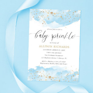Invitation Aquarelle bleu or parties scintillant garçon bébé 