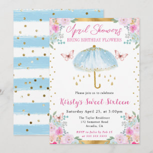 Invitation Aquarelle Bleu Or Ressort Sweet sixteen parapluie