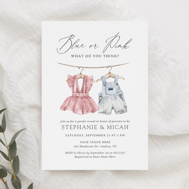 Invitation Aquarelle bleu ou rose Vêtements de bébé Révélatio (Créateur téléchargé)