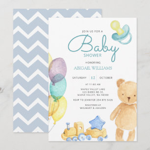 Invitation Aquarelle Bleu Ours & Balloon - Baby shower mignon