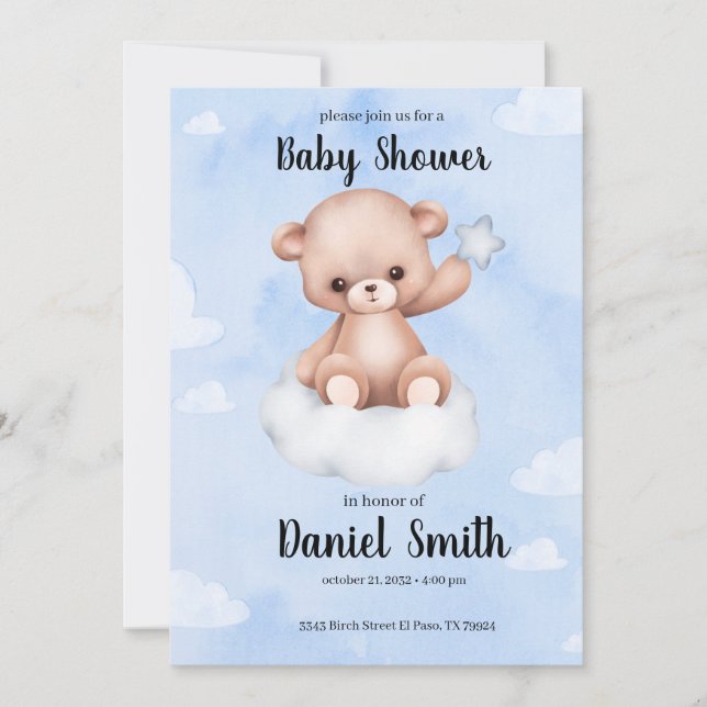 Invitation Aquarelle bleu Ours en tourbe pour Baby shower (Devant)