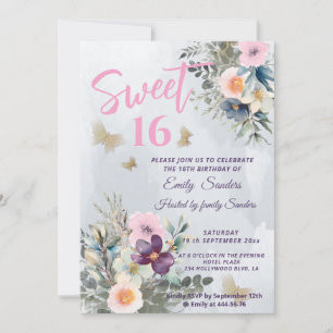 Invitation Aquarelle bleu outon bleu foncé vert fleuri