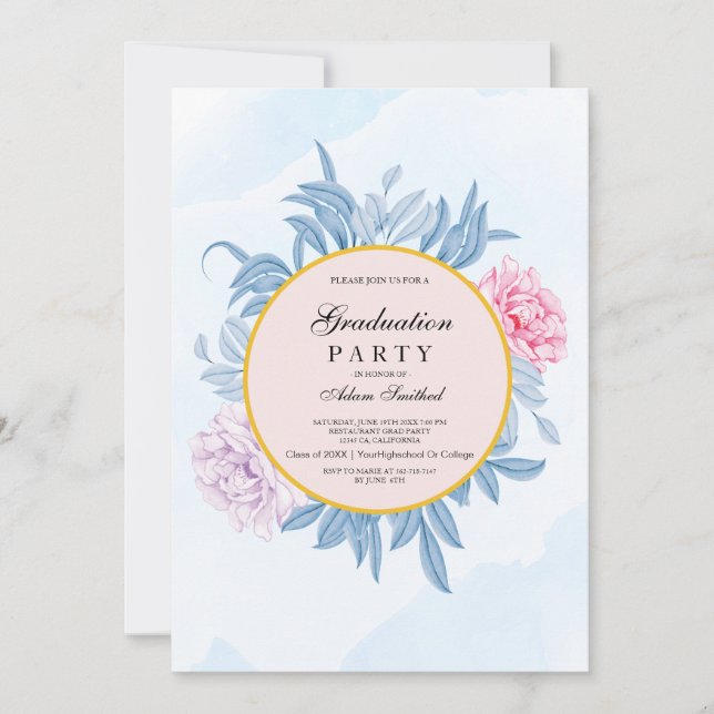 Invitation Aquarelle bleu pâle Aquarelle brillante ​ graduati (Devant)