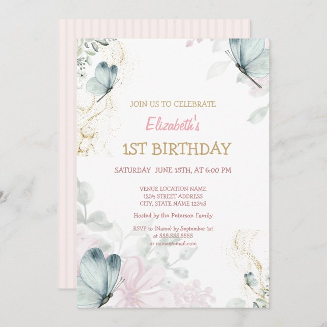 Invitation Aquarelle Bleu Papillons Pink Striday (Devant / Derrière)