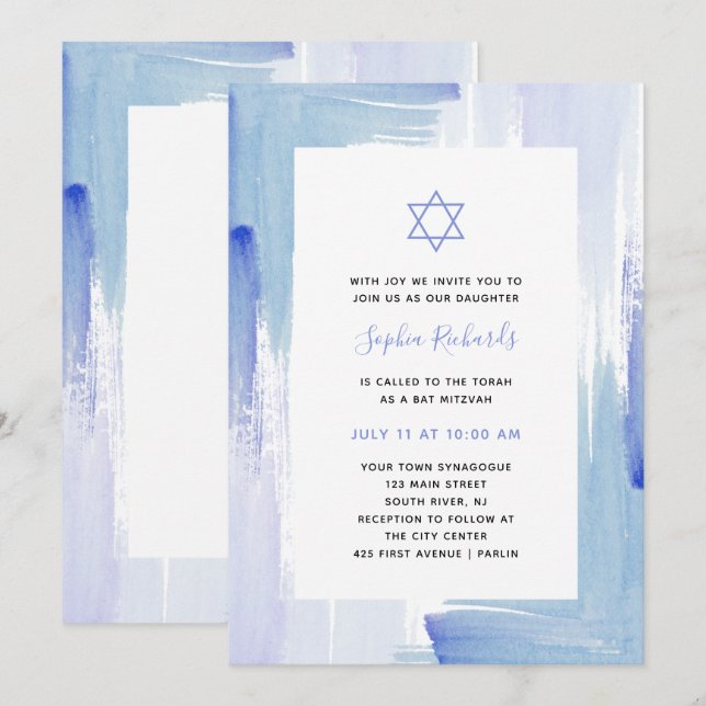 Invitation Aquarelle bleu peint| Bat mitzvah (Devant / Derrière)