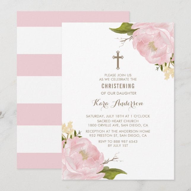 Invitation Aquarelle Bleu Peonies roses Christening Invitatio (Devant / Derrière)