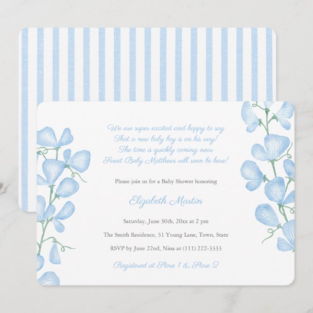 Invitation Aquarelle Bleu Pois doux Poème Baby shower garçon (Devant / Derrière)