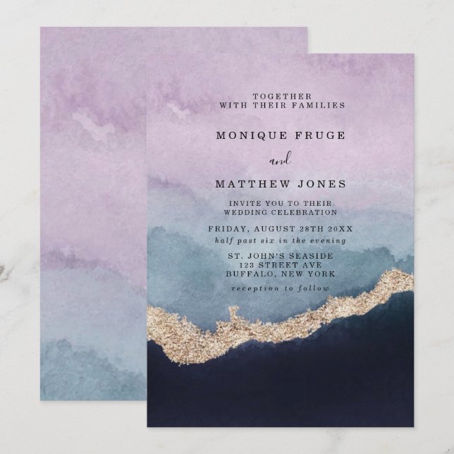 Invitation Aquarelle bleu pourpre Mariage or Agate (Devant / Derrière)