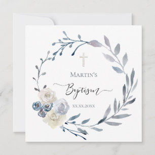 Invitation aquarelle bleu poussiéreuse à couronne florale Bap