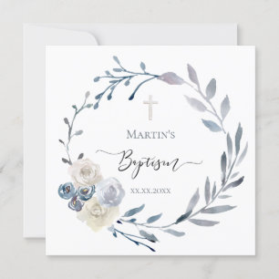 Invitation aquarelle bleu poussiéreuse à couronne florale Bap