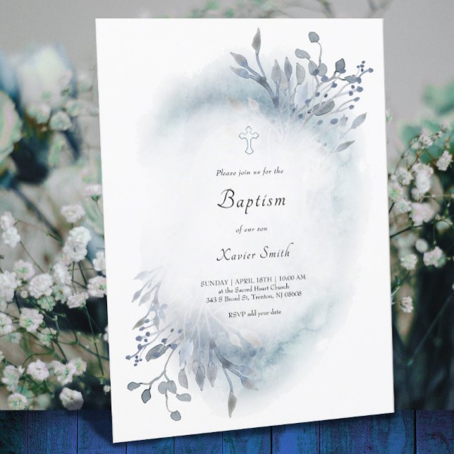 Invitation aquarelle bleu poussiéreuse Baptême bébé garçon (Créateur téléchargé)