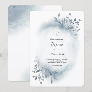 Invitation ・aquarelle bleu poussiéreuse Baptême bébé garçon