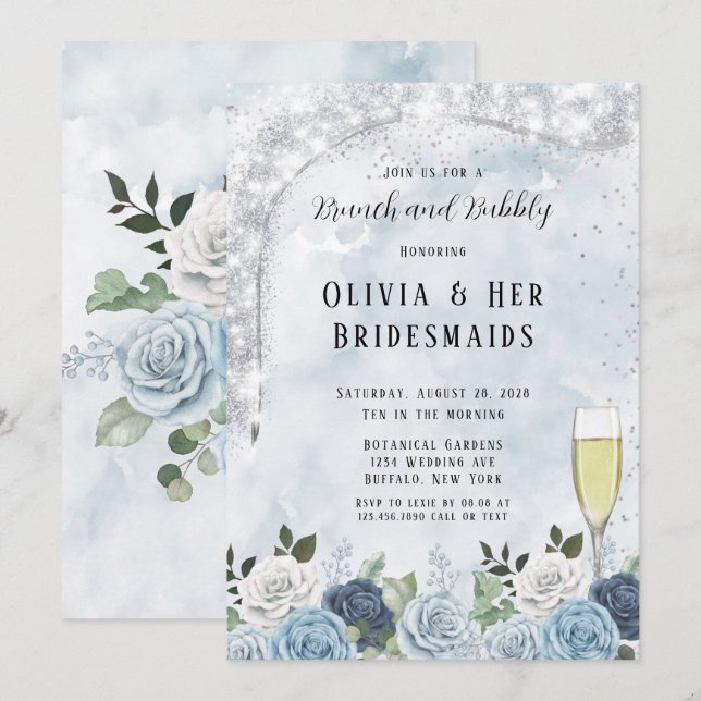 Invitation Aquarelle bleu poussiéreux Brunch floral et bulle (Devant / Derrière)