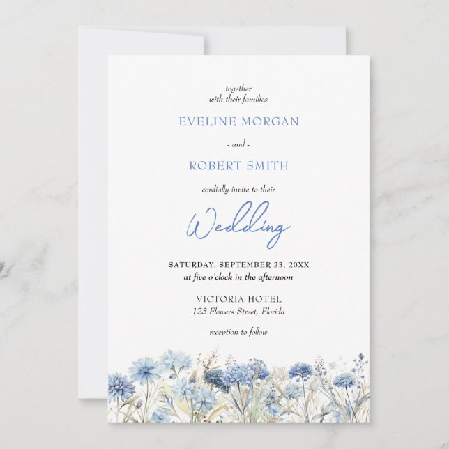 Invitation Aquarelle bleu poussiéreux fleurs sauvages mariage (Devant)
